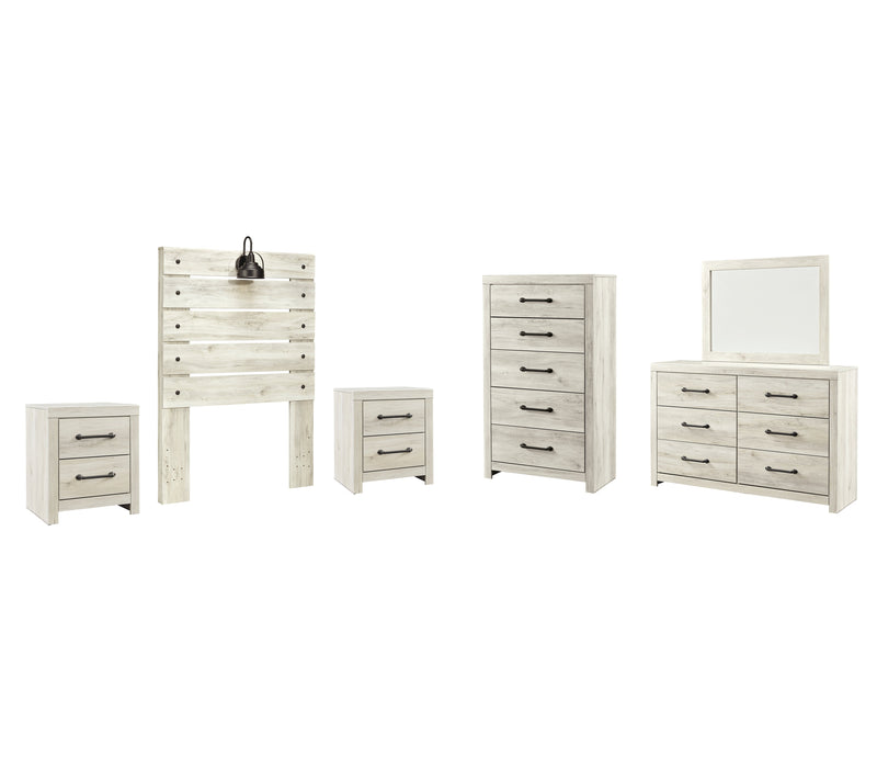 Cambeck Twin Panel Headboard Bed with Mirrored Dresser, Chest and 2 Nightstands in Whitewash - PKG002956