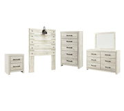 Cambeck Twin Panel Headboard Bed with Mirrored Dresser, Chest and Nightstand in Whitewash - PKG002955