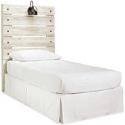 Cambeck Twin Panel Headboard Bed with Mirrored Dresser in Whitewash - PKG002951