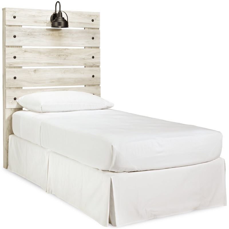 Cambeck Twin Panel Headboard Bed with Mirrored Dresser in Whitewash - PKG002951