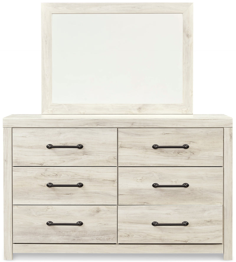 Cambeck Twin Panel Headboard Bed with Mirrored Dresser in Whitewash - PKG002951