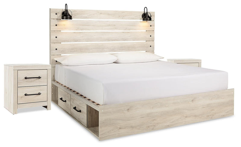 Cambeck Whitewash King Panel Bed with Storage and 2 Nightstands - B192B115