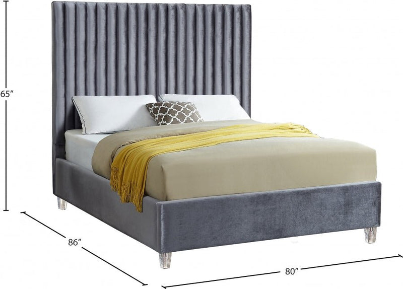 Candace Velvet King Bed Grey - Gate FurnitureKing Bed