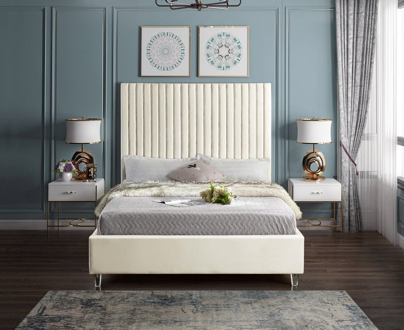 Candace Velvet Queen Bed Cream - Gate FurnitureQueen Bed