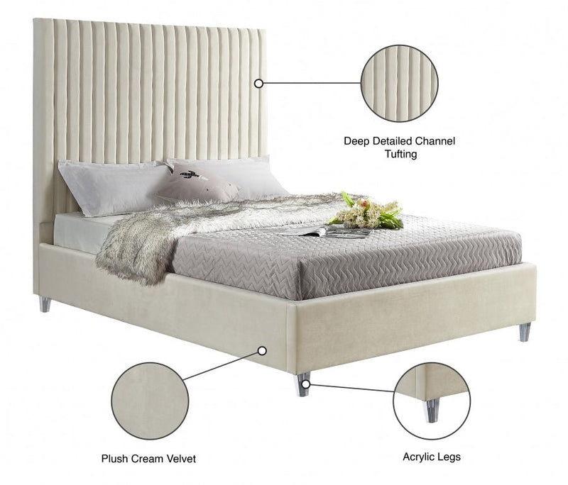 Candace Velvet Queen Bed Cream - Gate FurnitureQueen Bed