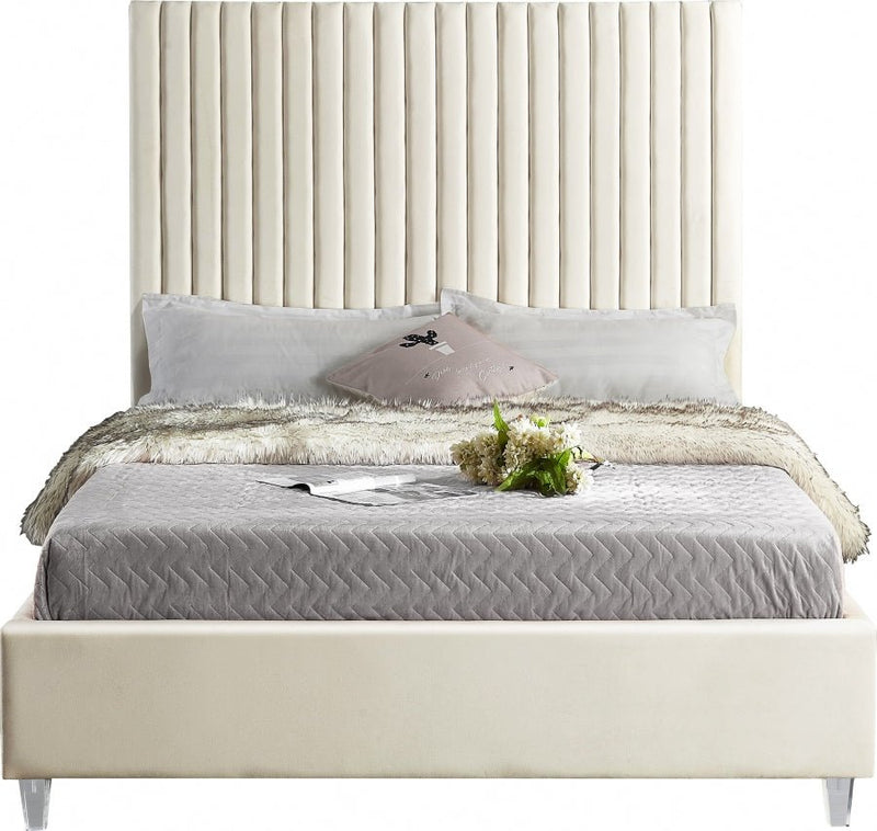 Candace Velvet Queen Bed Cream - Gate FurnitureQueen Bed