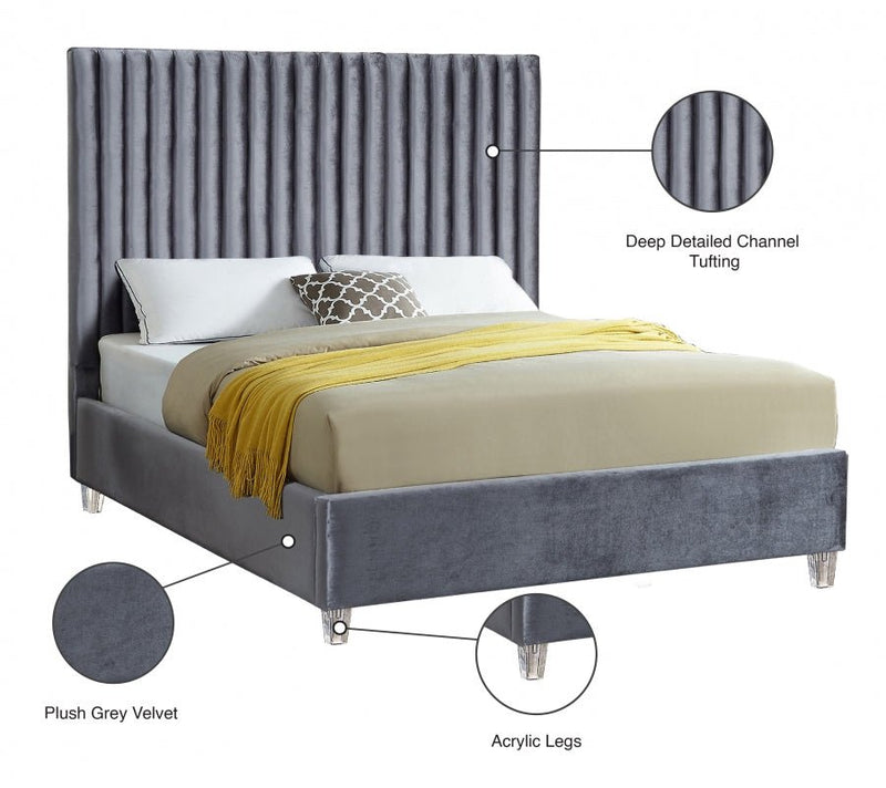Candace Velvet Queen Bed Grey - Gate FurnitureQueen Bed
