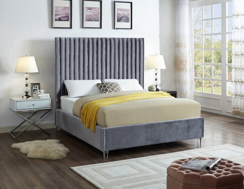 Candace Velvet Queen Bed Grey - Gate FurnitureQueen Bed