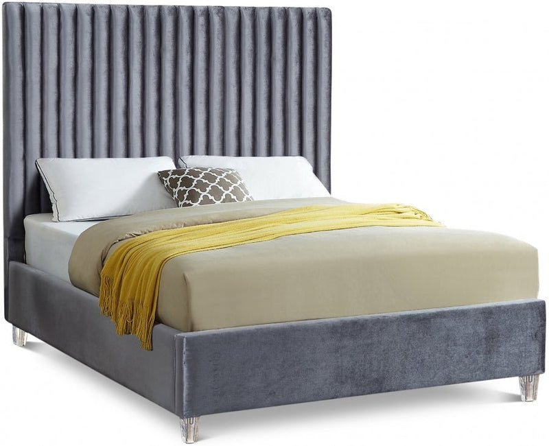 Candace Velvet Queen Bed Grey - Gate FurnitureQueen Bed