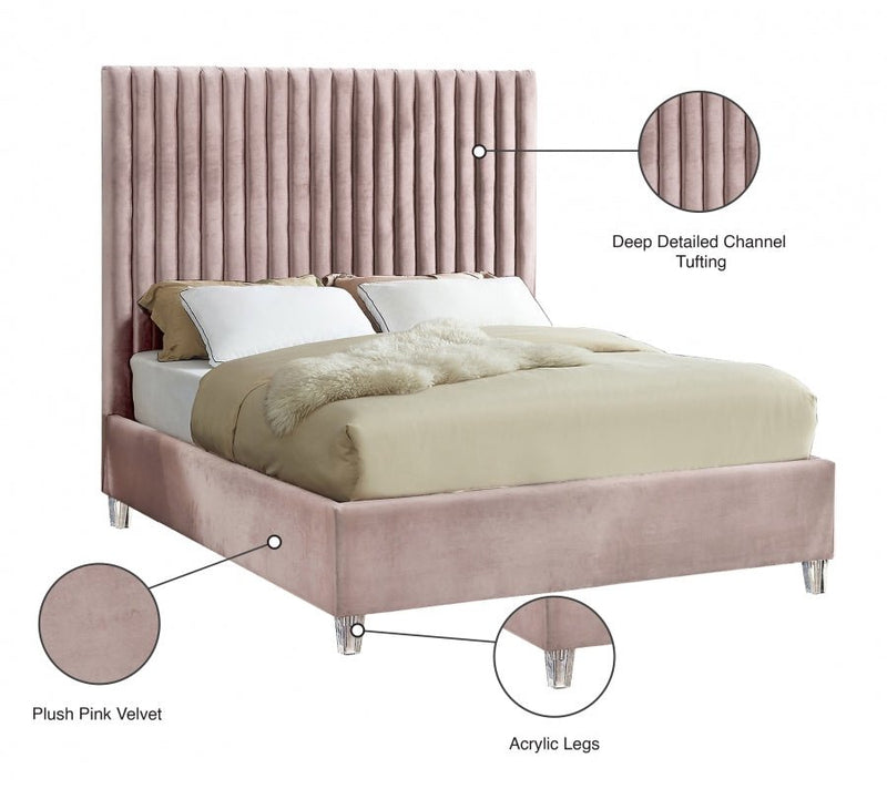 Candace Velvet Queen Bed Pink - Gate FurnitureQueen Bed