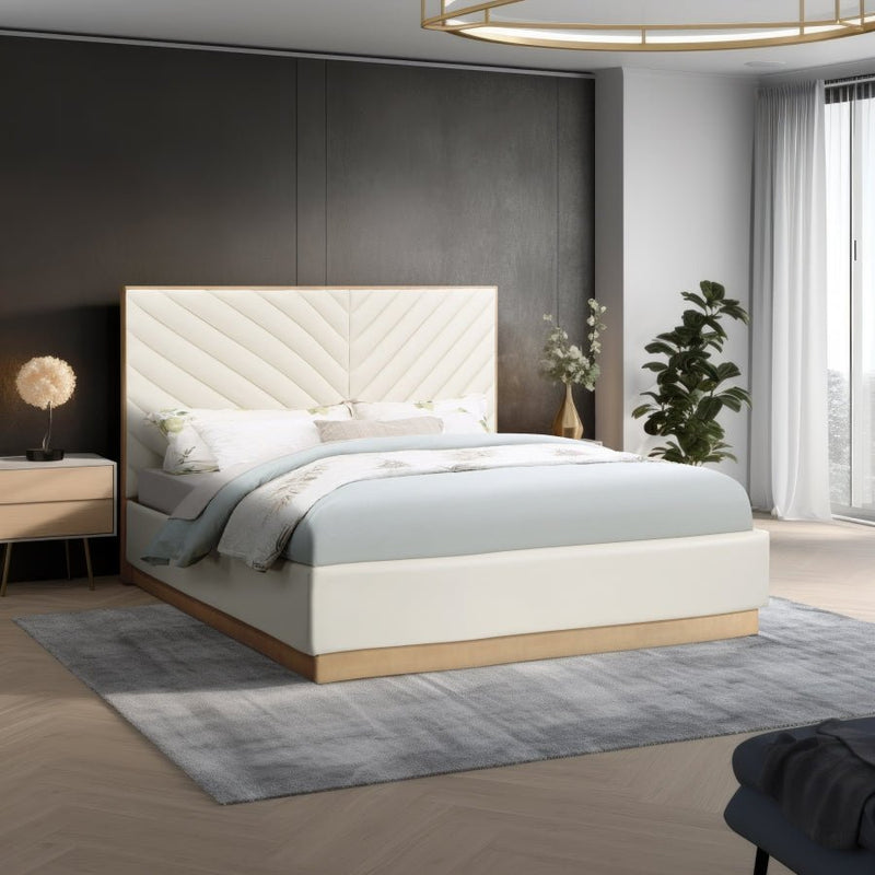 Casa Vegan Leather Queen Bed (3 Boxes) Cream - Gate FurnitureQueen Bed