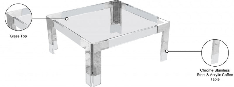 Casper Square Glass Top, Acrylic And Metal Base Coffee Table in Chrome - 202-CT