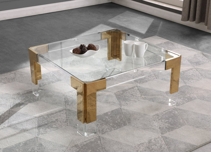 Casper Square Glass Top, Acrylic And Metal Base Coffee Table in Gold - 200-CT