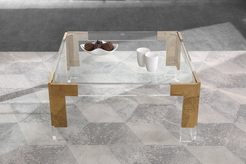 Casper Square Glass Top, Acrylic And Metal Base Coffee Table in Gold - 200-CT