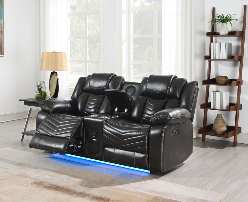 Cassio - Brown Power Recliner Loveseat with Console, Bluetooth Speaker, Built-in LED Light, Cup Holder, USB Charger - L666-L