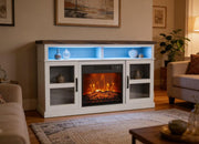 Castriel - White TV Stand with Electric Fireplace, LED Energy Saving Technology, Flame Brightness Adjustable, Temperature Adjustable and Timer Function with Automatic Shut-off. - W315