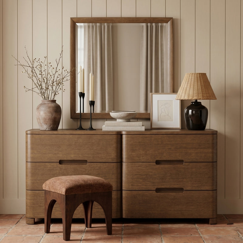 Caswell 42" W x 40" H Oak Veneer And Solid Wood Frame Mirror in Brown - B1204-M