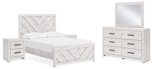 Cayboni Full Panel Bed with Mirrored Dresser and 2 Nightstands in Whitewash - PKG016591
