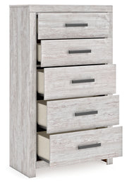 Cayboni Full Panel Bed with Mirrored Dresser and Chest in Whitewash - PKG016594