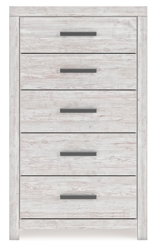 Cayboni Full Panel Bed with Mirrored Dresser and Chest in Whitewash - PKG016594