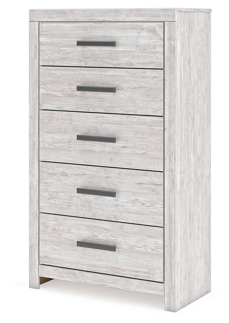 Cayboni Full Panel Bed with Mirrored Dresser and Chest in Whitewash - PKG016594