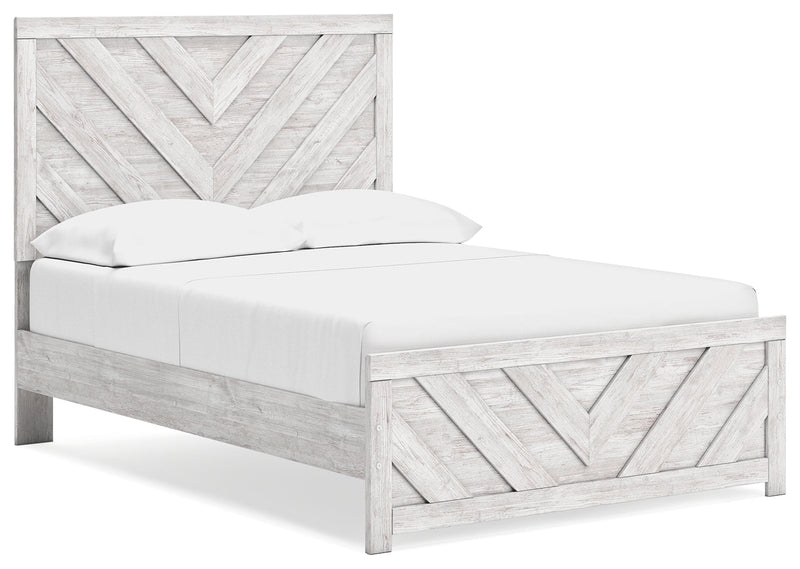 Cayboni Full Panel Bed with Mirrored Dresser and Chest in Whitewash - PKG016594
