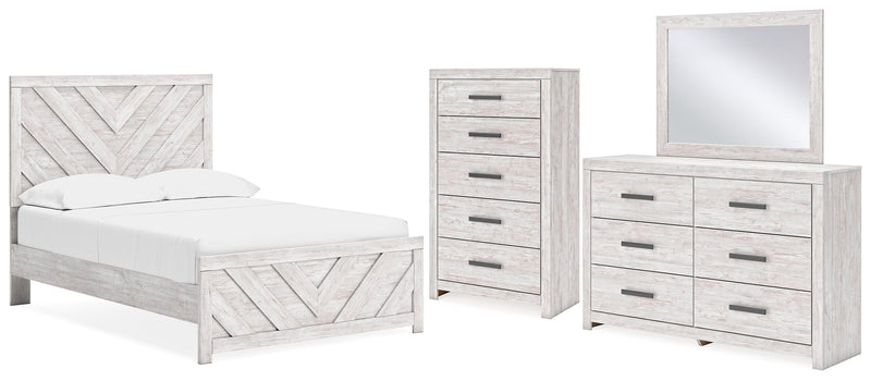 Cayboni Full Panel Bed with Mirrored Dresser and Chest in Whitewash - PKG016594