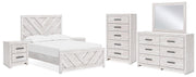 Cayboni Full Panel Bed with Mirrored Dresser, Chest and 2 Nightstands in Whitewash - PKG016592