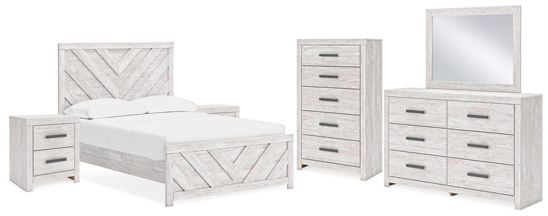 Cayboni Full Panel Bed with Mirrored Dresser, Chest and 2 Nightstands in Whitewash - PKG016592