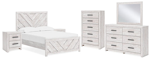 Cayboni Full Panel Bed with Mirrored Dresser, Chest and 2 Nightstands in Whitewash - PKG016592