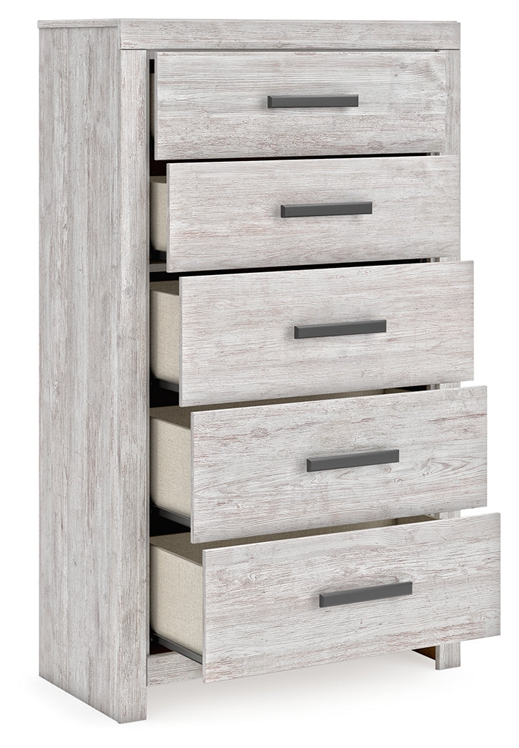 Cayboni Full Panel Bed with Mirrored Dresser, Chest and 2 Nightstands in Whitewash - PKG016592