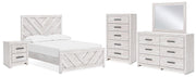 Cayboni Full Panel Bed with Mirrored Dresser, Chest and Nightstand in Whitewash - PKG016595