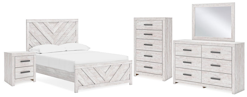 Cayboni Full Panel Bed with Mirrored Dresser, Chest and Nightstand in Whitewash - PKG016595