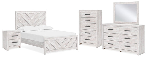 Cayboni Full Panel Bed with Mirrored Dresser, Chest and Nightstand in Whitewash - PKG016595