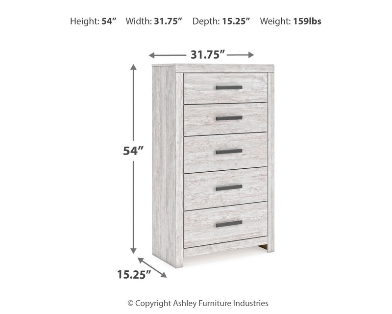 Cayboni Full Panel Bed with Mirrored Dresser, Chest and Nightstand in Whitewash - PKG016595