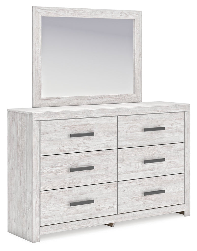 Cayboni Full Panel Bed with Mirrored Dresser in Whitewash - PKG016590