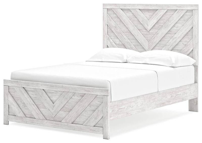 Cayboni Full Panel Bed with Mirrored Dresser in Whitewash - PKG016590