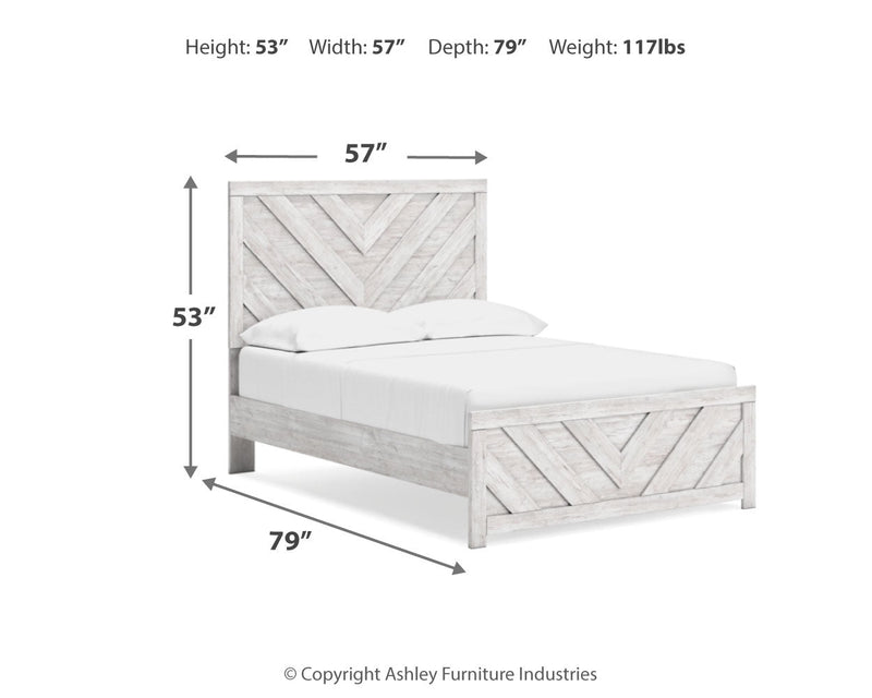 Cayboni Full Panel Bed with Mirrored Dresser in Whitewash - PKG016590