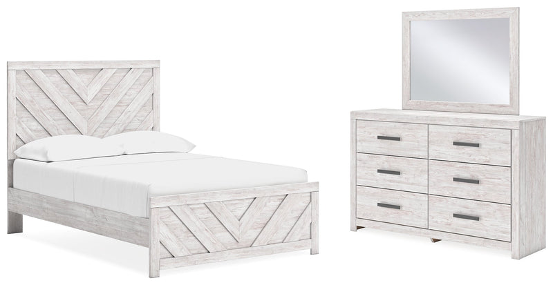 Cayboni Full Panel Bed with Mirrored Dresser in Whitewash - PKG016590