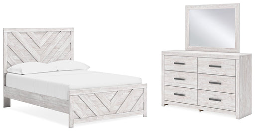 Cayboni Full Panel Bed with Mirrored Dresser in Whitewash - PKG016590