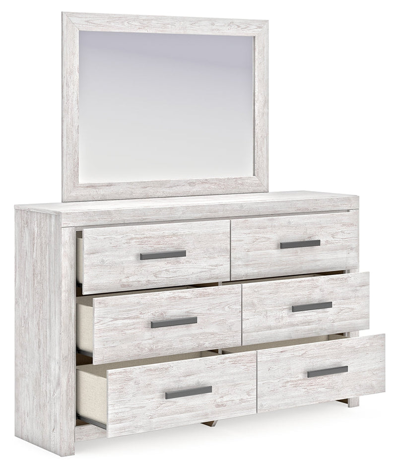 Cayboni Full Panel Bed with Mirrored Dresser in Whitewash - PKG016590
