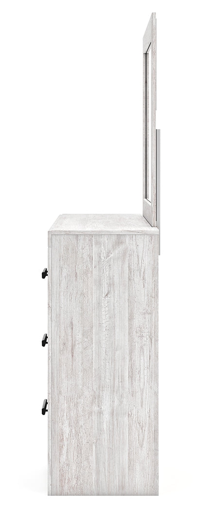 Cayboni Full Panel Bed with Mirrored Dresser in Whitewash - PKG016590