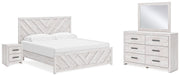 Cayboni King Panel Bed with Mirrored Dresser and Nightstand in Whitewash - PKG019176