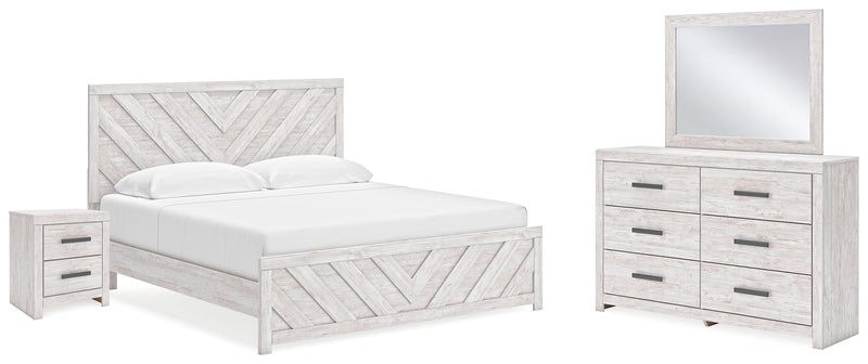 Cayboni King Panel Bed with Mirrored Dresser and Nightstand in Whitewash - PKG019176