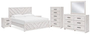 Cayboni King Panel Bed with Mirrored Dresser, Chest and 2 Nightstands in Whitewash - PKG019175