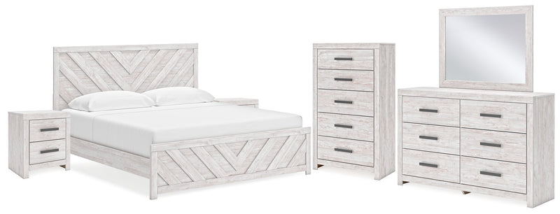 Cayboni King Panel Bed with Mirrored Dresser, Chest and 2 Nightstands in Whitewash - PKG019175
