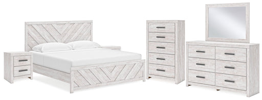 Cayboni King Panel Bed with Mirrored Dresser, Chest and 2 Nightstands in Whitewash - PKG019175