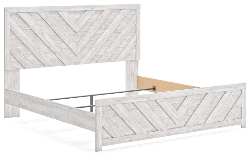 Cayboni King Panel Bed with Mirrored Dresser in Whitewash - PKG019173