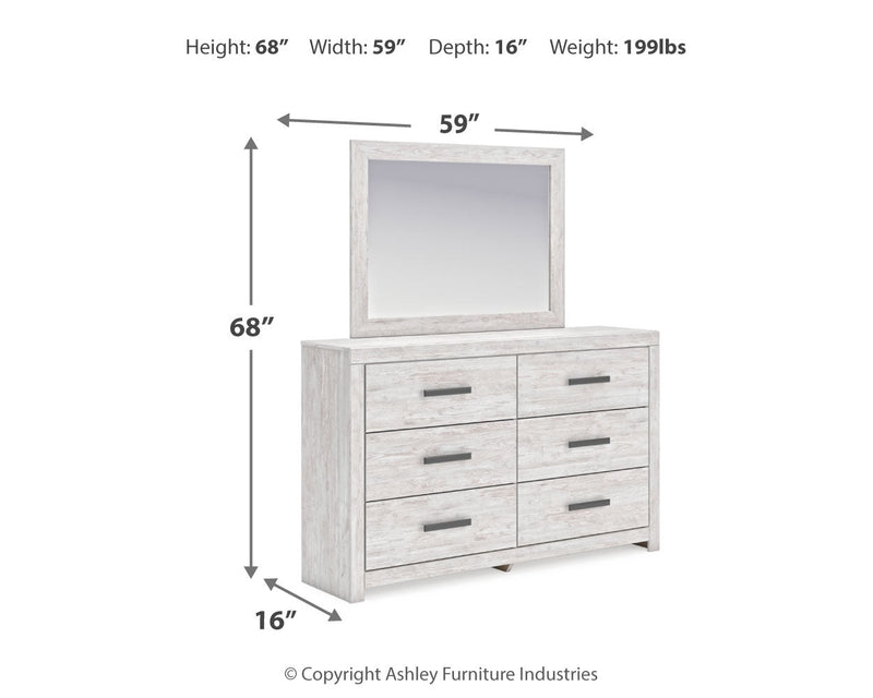 Cayboni King Panel Bed with Mirrored Dresser in Whitewash - PKG019173