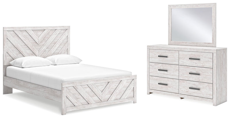 Cayboni King Panel Bed with Mirrored Dresser in Whitewash - PKG019173